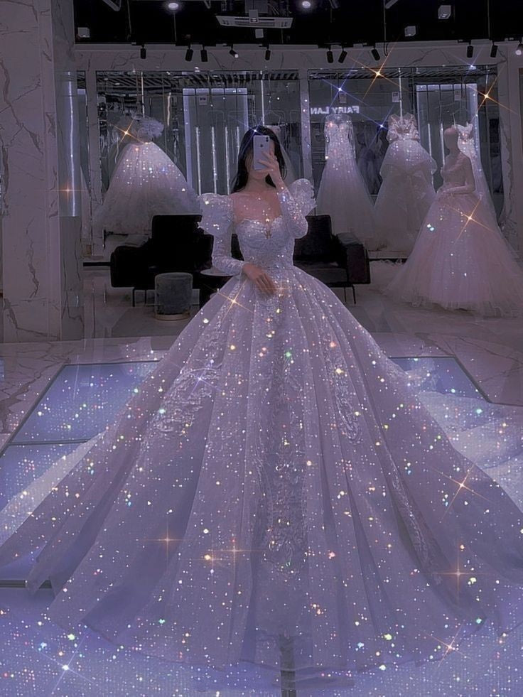 Edles Ballkleid Schatz Lange Ärmel Lange Pailletten Weiß Kristall Funkelnde Brautkleid Traum Brautkleider B250