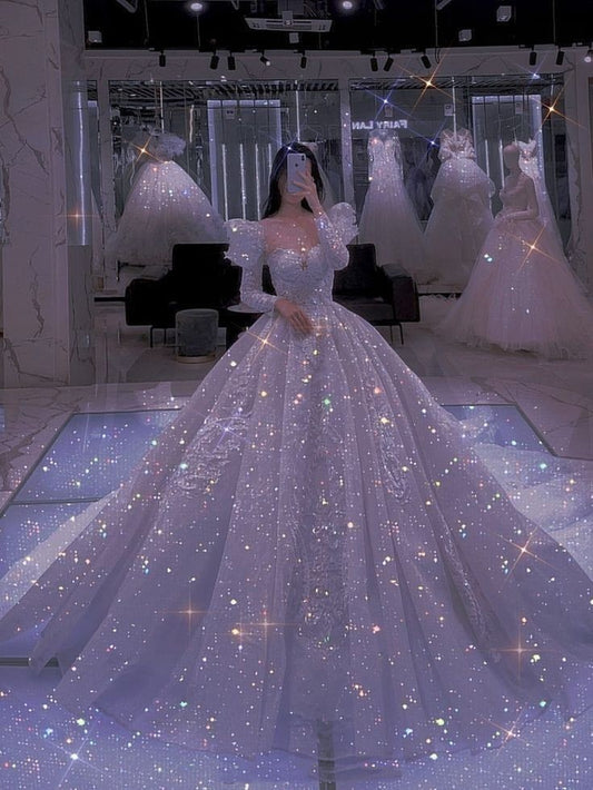 Classy Ball Gown Sweetheart Long Sleeves Long Sequins White Crystal Sparkly Wedding Gown Dream Wedding Dresses B250