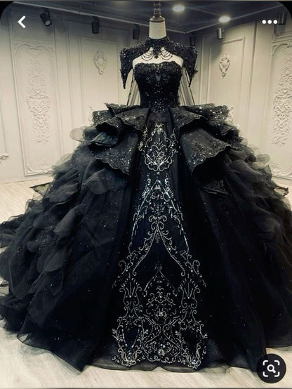 Modest Ball Gown Strapless Black Appliques Tulle Long Quinceanera Dresses Sexy Quinceanera Gowns Sweet 16 Dress B255
