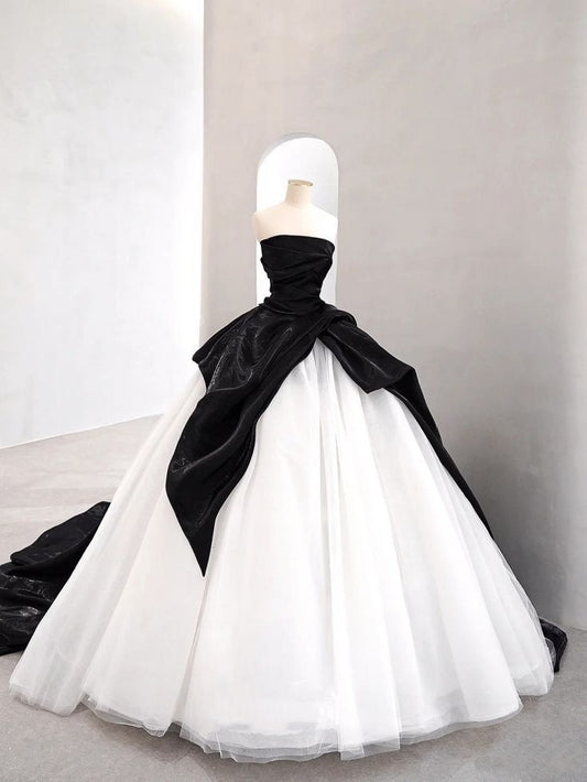 Modest Ball Gown Strapless Black Satin White Tulle Long Quinceanera Dresses Sexy Quinceanera Gowns Sweet 16 Dress B261