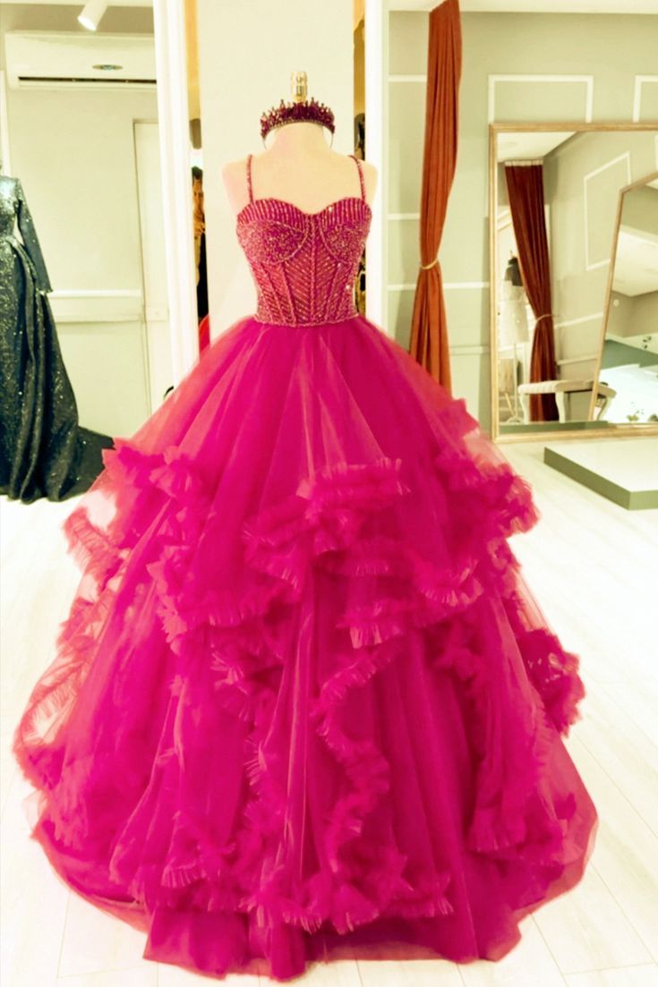 Robe de bal modeste à bretelles en tulle rose vif, longue, robe de soirée sexy pour les 16 ans, B266