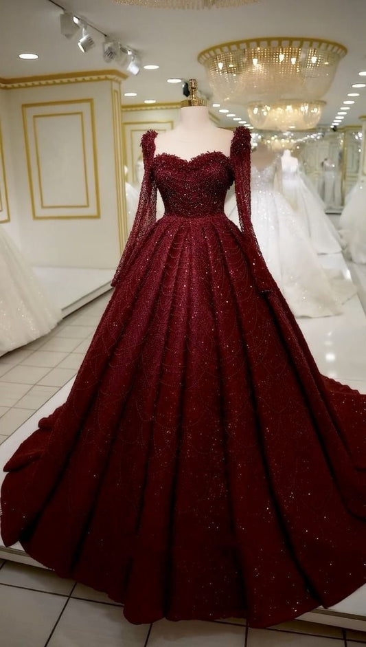 Modest Ball Gown Sweetheart Sequins Burgundy Long Quinceanera Dresses Birthday Outfits Gowns Sweet 15 16 Dress B267