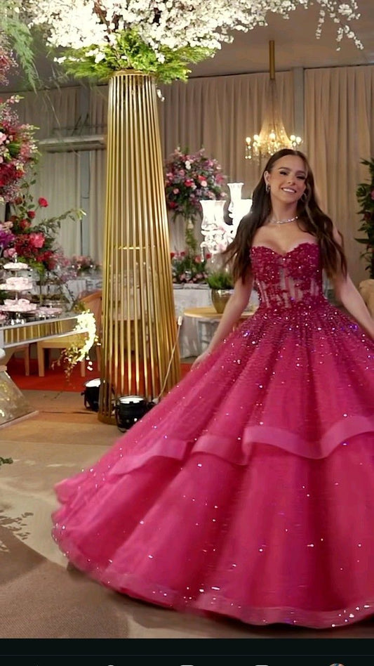 Classy Ball Gown Spaghetti Straps Hot Pink Appliques Long Prom Dresses Inspiration Trending Prom Gowns Formal Prom Dress B269