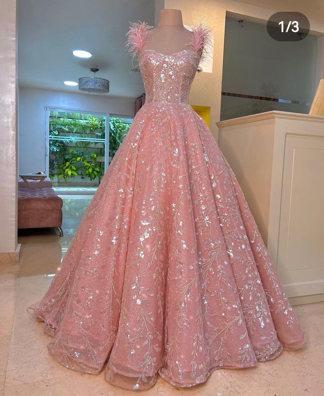 Princess Ball Gown Spaghetti Straps Pink Sequin Feathers Long Prom Dresses Inspiration Sparkle Evening Gowns Formal Dress B275