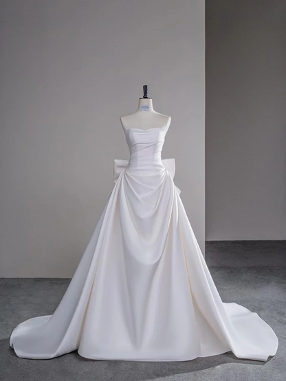 Simple Mermaid Strapless Neck White Satin Long Wedding Dress Fairy Formal Brides Gown Wedding Dresses B28