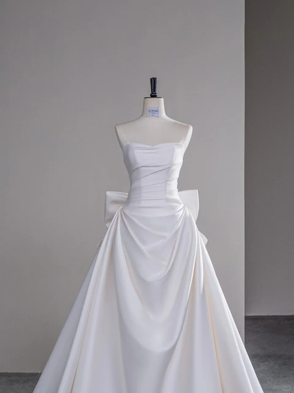 Simple Mermaid Strapless Neck White Satin Long Wedding Dress Fairy Formal Brides Gown Wedding Dresses B28