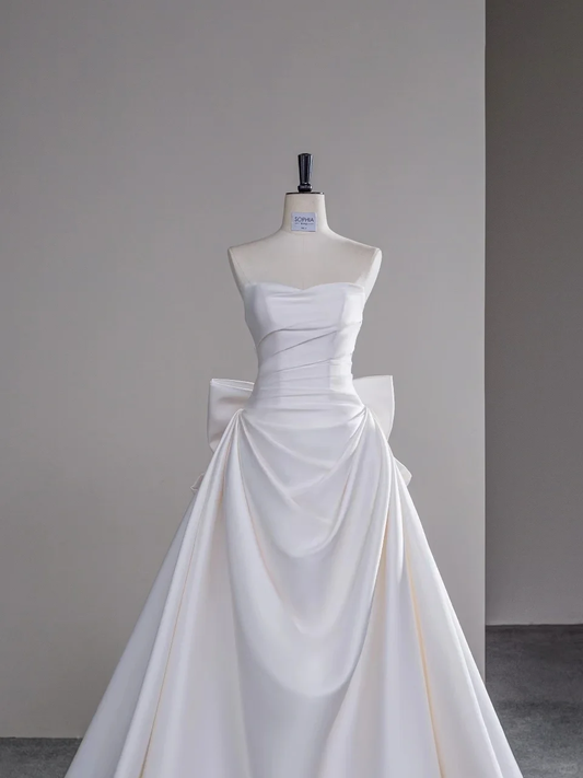 Simple Mermaid Strapless Neck White Satin Long Wedding Dress Fairy Formal Brides Gown Wedding Dresses B28