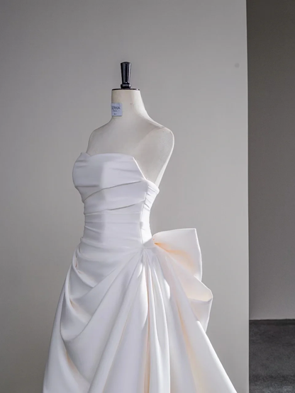 Simple Mermaid Strapless Neck White Satin Long Wedding Dress Fairy Formal Brides Gown Wedding Dresses B28
