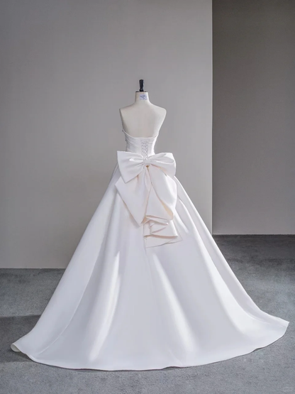 Simple Mermaid Strapless Neck White Satin Long Wedding Dress Fairy Formal Brides Gown Wedding Dresses B28