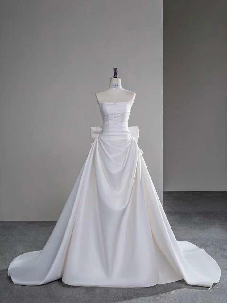 Simple Mermaid Strapless Neck White Satin Long Wedding Dress Fairy Formal Brides Gown Wedding Dresses B28