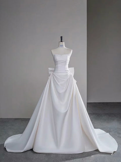 Simple Mermaid Strapless Neck White Satin Long Wedding Dress Fairy Formal Brides Gown Wedding Dresses B28
