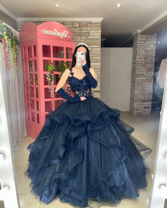 Classy Ball Gown Spaghetti Straps Navy Blue Appliques Lace Long Prom Dresses Inspiration Trending Prom Gowns Prom Dress B285