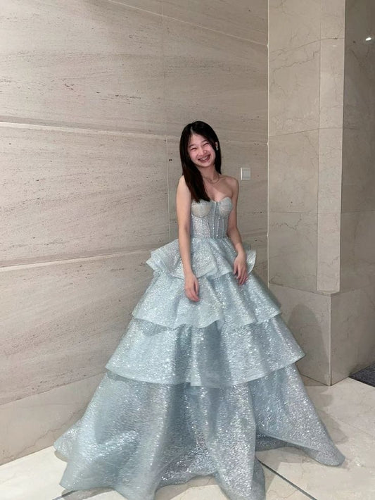 Modest Ball Gown Sweetheart Sequin Light Sky Blue Long Prom Dresses Inspiration Trending Evening Gowns Formal Prom Dress B287