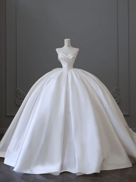 Modest Ball Gown Sweetheart Neck White Satin Long Wedding Dress Fairy Formal Brides Gown Wedding Dresses B29