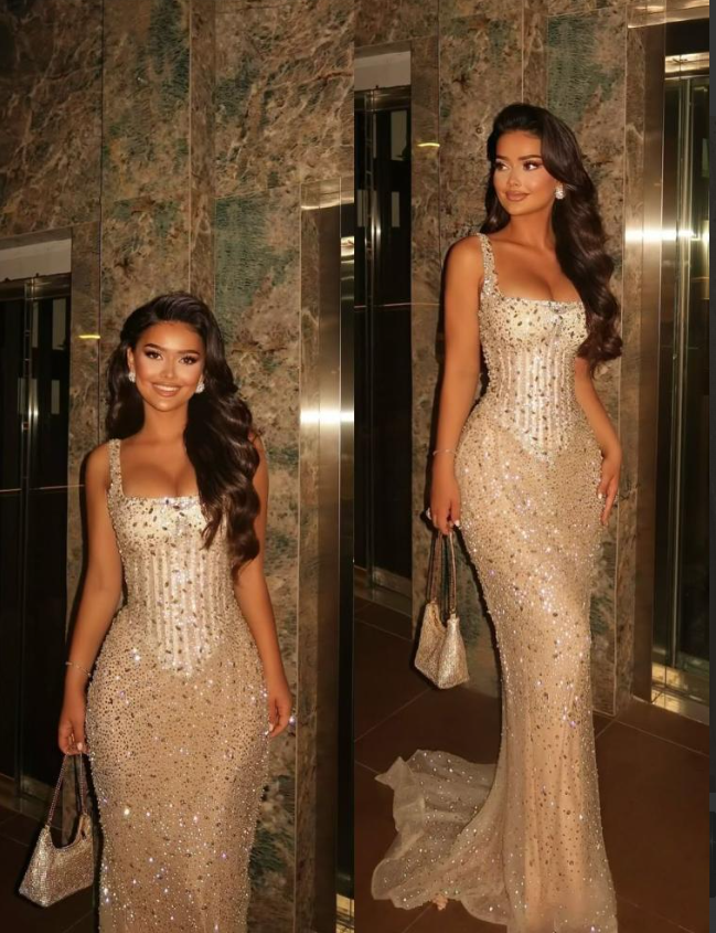 Robe de bal longue de fin d'année, style sirène scintillante, col carré, sequins champagne, référence N1320
