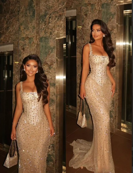 Sparkly Mermaid Square Neck Champagne Sequins Senior Prom Dresses High School Long Formal Dress N1320
