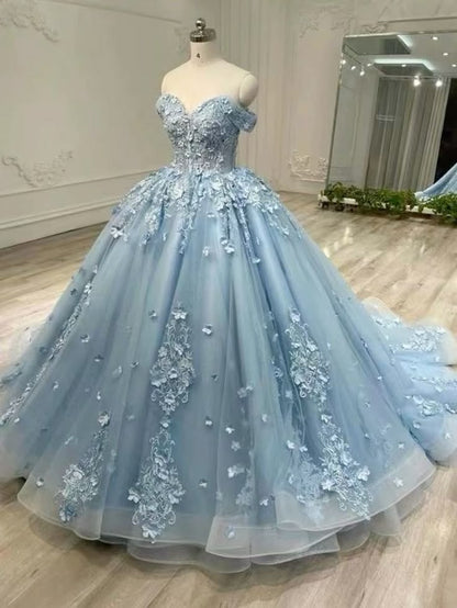 Modest Quinceanera Dresses Ball Gown Off The Shoulder Light Sky Blue Birthday Gowns Vestidos De 15 Anos Formal Party Long Sweet 15 16 Dress B308