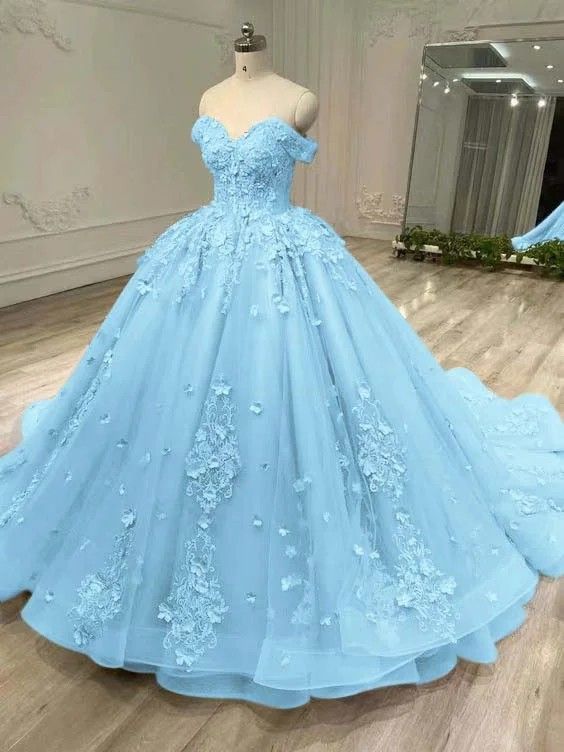 Modest Quinceanera Dresses Ball Gown Off The Shoulder Light Sky Blue Birthday Gowns Vestidos De 15 Anos Formal Party Long Sweet 15 16 Dress B308