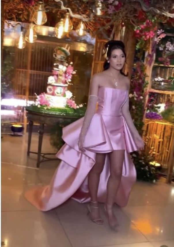 Elegant High Low Strapless Pink Layers Long Prom Dresses Inspiration Trending Evening Gowns Formal Prom Dress B320