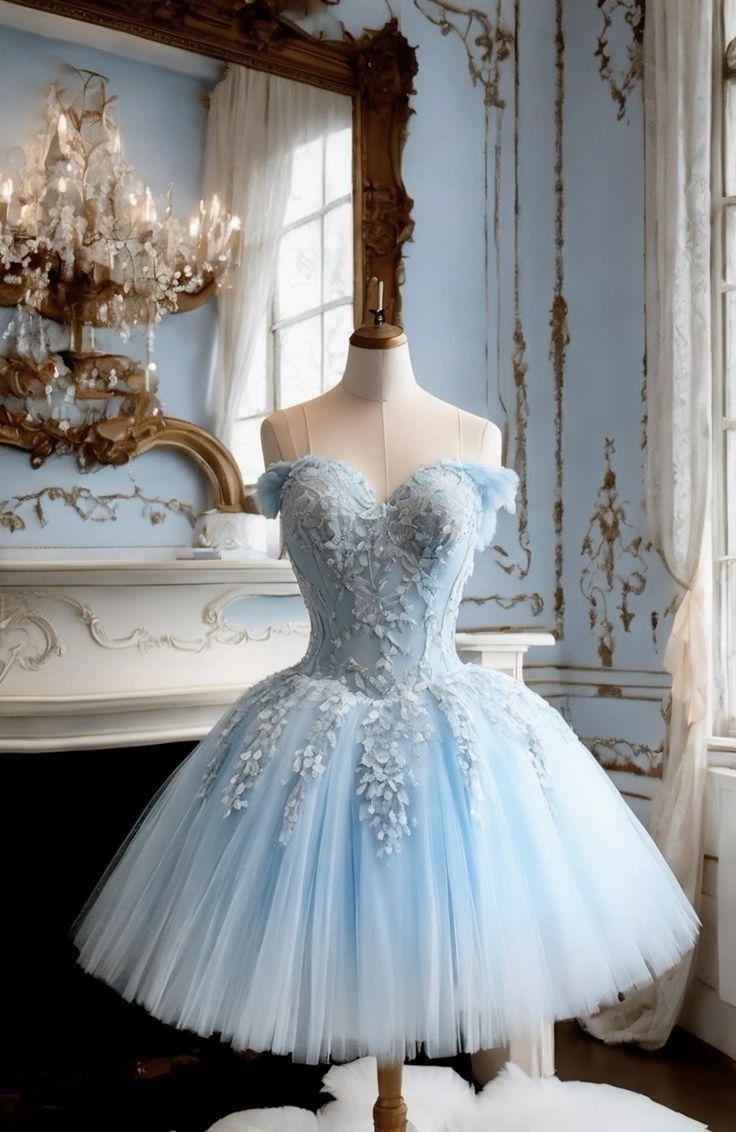 Gorgeous Ball Gown Off The Shoulder Light Blue Lace Short Birthday Dress Homecoming Dresses B323