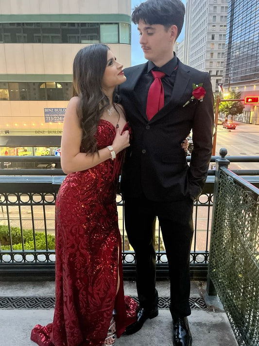 Elegant Mermaid Sweetheart Burgundy Sequin Long Prom Dresses Inspiration Trending Evening Gowns Formal Prom Dress B329
