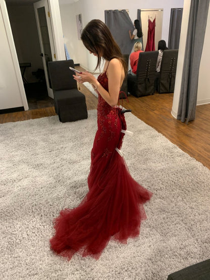 Sexy Meerjungfrau Spaghettiträger Burgunder Spitze Tüll Ballkleider Inspiration Ballkleid Prinzessin Abschlussballkleid B355