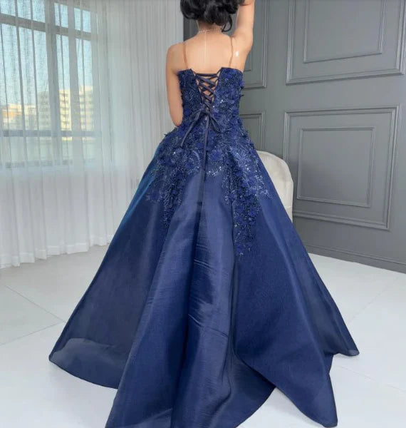 Elegant Ball Gown Strapless Navy Blue Lace Tulle Long Prom Dresses Inspiration Trending Evening Gowns Formal Prom Dress B340