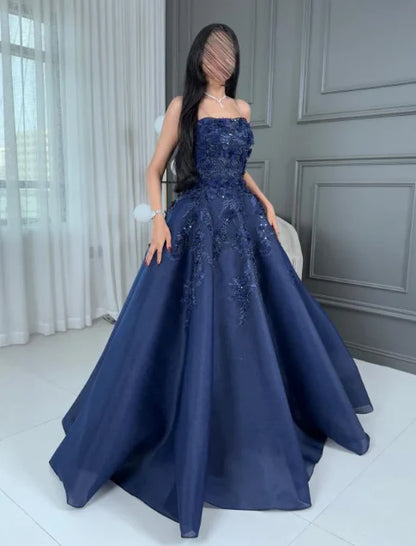 Elegant Ball Gown Strapless Navy Blue Lace Tulle Long Prom Dresses Inspiration Trending Evening Gowns Formal Prom Dress B340
