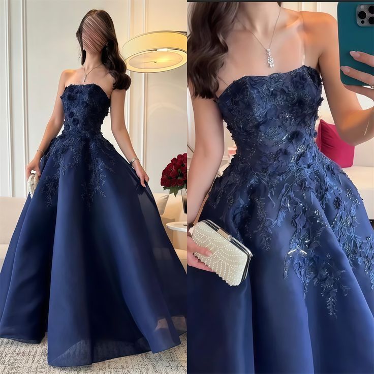 Elegant Ball Gown Strapless Navy Blue Lace Tulle Long Prom Dresses Inspiration Trending Evening Gowns Formal Prom Dress B340