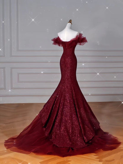 Elegante Meerjungfrau Off The Shoulder Burgunder Tüll Lange Ballkleider Inspiration Trendy Abendkleider Formelles Ballkleid B342