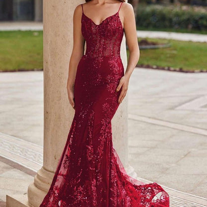 Modest Mermaid Spaghetti Straps Burgundy Lace Prom Dresses Inspiration Sparkly Prom Dress Princess Graduation Dress B358