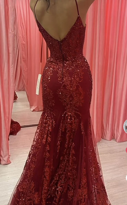 Modest Mermaid Spaghetti Straps Burgundy Lace Prom Dresses Inspiration Sparkly Prom Dress Princess Graduation Dress B358