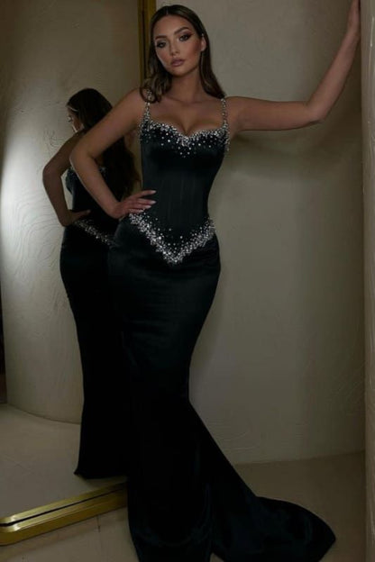 Bescheidene Meerjungfrau Spaghettiträger Schwarze Ballkleider Inspiration Funkelndes Geburtstagskleid Prinzessin Abschlusskleid B360