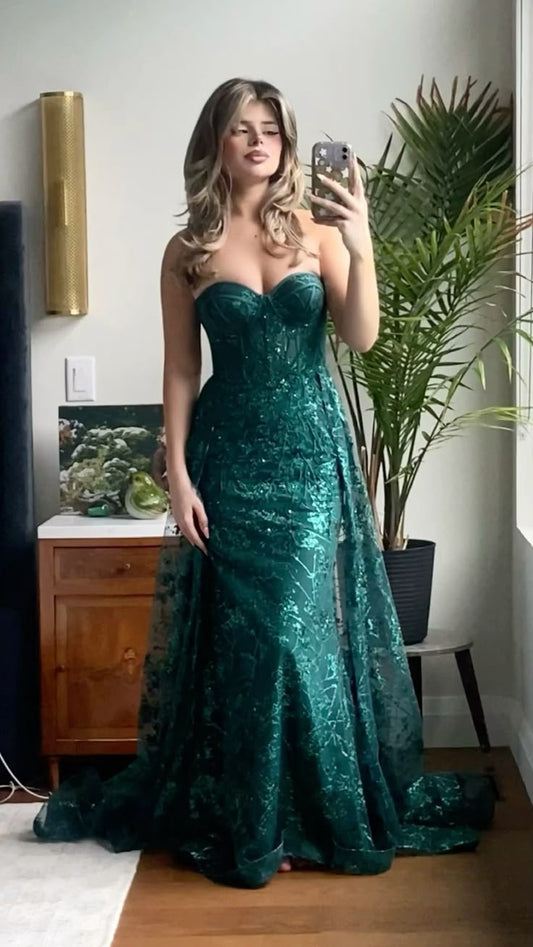 Elegant Mermaid Sweetheart Dark Green Lace Long Prom Dresses Inspiration Trending Evening Gowns Formal Party Prom Dress B364