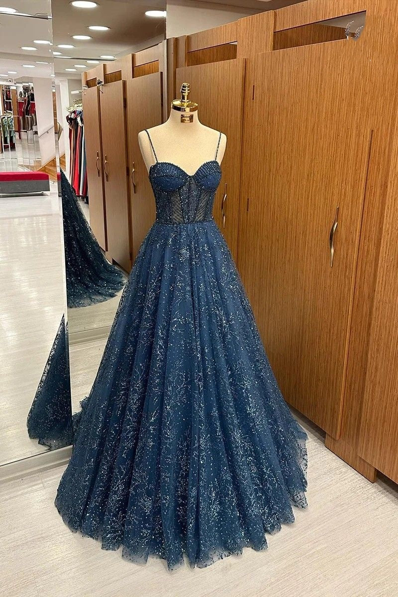 Robe de bal sexy à bretelles spaghetti, bleu marine, paillettes, robe de bal, robe de princesse, robe de fête, d'anniversaire, de remise de diplôme, B370