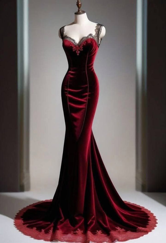 Elegant Mermaid Sweetheart Burgundy Black Lace Long Prom Dresses Inspiration Trending Evening Gowns Formal Party Prom Dress B375