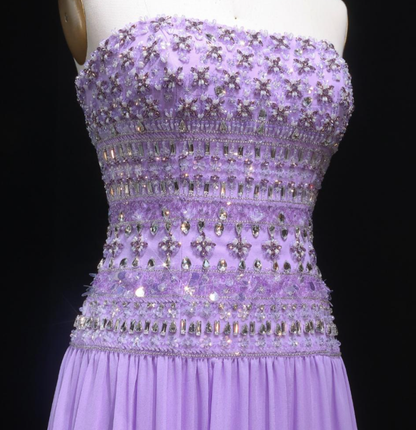 Elegantes A-Linien-Trägerloses Lila Chiffon Silber Perlen Lange Ballkleider Inspiration Trendy Abendkleider Formelle Party Ballkleid B376