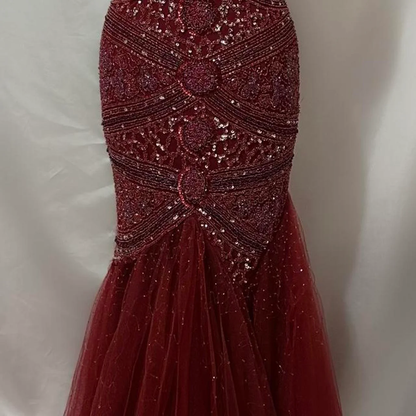 Elegantes Meerjungfrauen-Kleid aus burgunderrotem Tüll mit Perlen für Damen – langes, formelles Ballkleid zum 22. Geburtstag (AB1363)