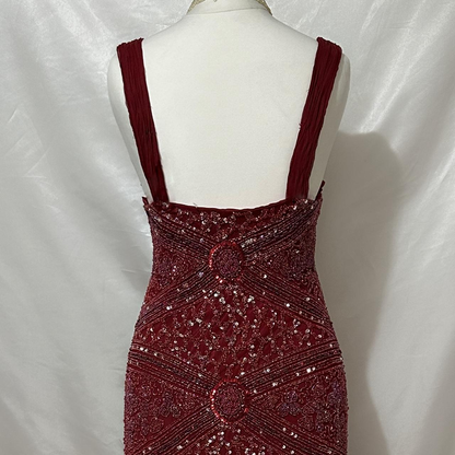 Elegantes Meerjungfrauen-Kleid aus burgunderrotem Tüll mit Perlen für Damen – langes, formelles Ballkleid zum 22. Geburtstag (AB1363)
