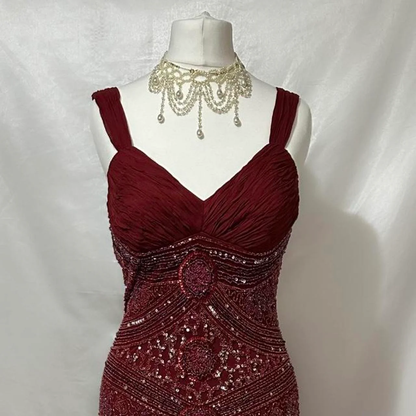 Elegantes Meerjungfrauen-Kleid aus burgunderrotem Tüll mit Perlen für Damen – langes, formelles Ballkleid zum 22. Geburtstag (AB1363)