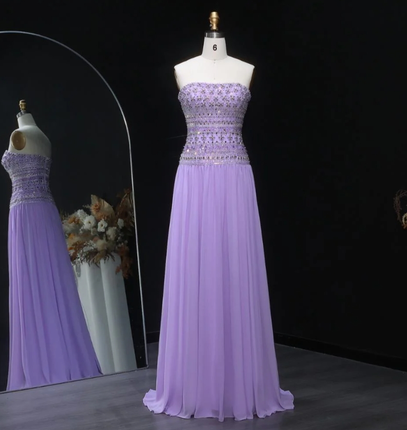 Elegantes A-Linien-Trägerloses Lila Chiffon Silber Perlen Lange Ballkleider Inspiration Trendy Abendkleider Formelle Party Ballkleid B376