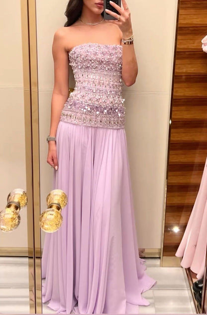 Elegantes A-Linien-Trägerloses Lila Chiffon Silber Perlen Lange Ballkleider Inspiration Trendy Abendkleider Formelle Party Ballkleid B376