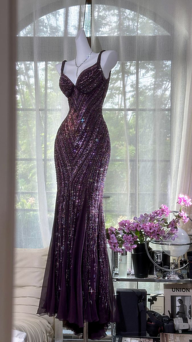 Stunning Mermaid Spaghetti Straps Grape Sequin Prom Dresses 2026 Inspiration Prom Dress Princess Graduation Dress B378