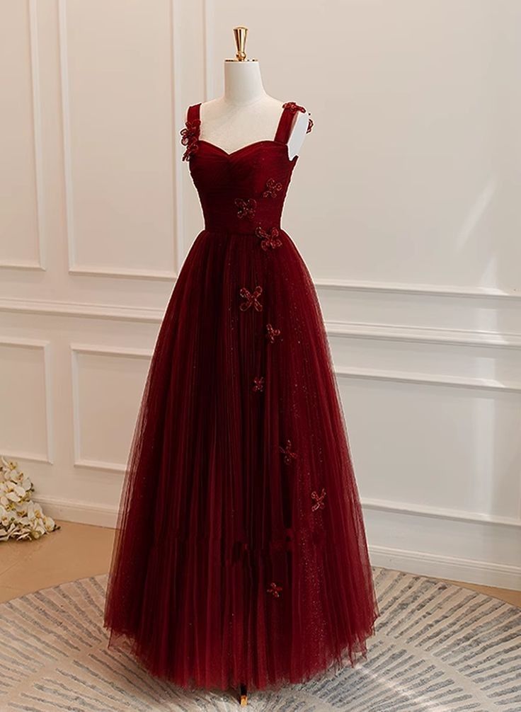 Elegantes A-Linie Herzausschnitt Burgunder Tüll Bodenlanges Ballkleid Inspiration Lange Ballkleider B379