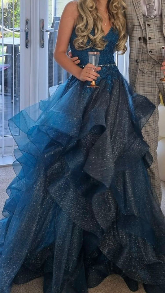 Modest Ball Gown Spaghetti Straps Navy Blue Tulle Prom Dresses Inspiration Prom Dress Princess Party Birthday Graduation Dress B381