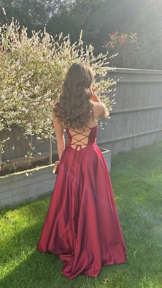 Stunning A line Spaghetti Straps Satin Burgundy Prom Dresses 2026 Inspiration Slit Prom Dress Princess Graduation Dress B385