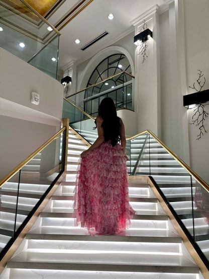 Robe de bal modeste à bretelles spaghetti en tulle rose à fleurs, robe de bal d'inspiration princesse, robe de fête d'anniversaire, robe de remise de diplôme B389