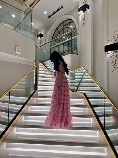 Robe de bal modeste à bretelles spaghetti en tulle rose à fleurs, robe de bal d'inspiration princesse, robe de fête d'anniversaire, robe de remise de diplôme B389