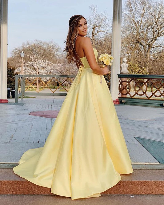 Stunning A line Spaghetti Straps Yellow Satin Prom Dresses 2026 Inspiration Prom Dress Princess Graduation Dress B395