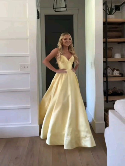 Stunning A line Spaghetti Straps Yellow Satin Prom Dresses 2026 Inspiration Prom Dress Princess Graduation Dress B395